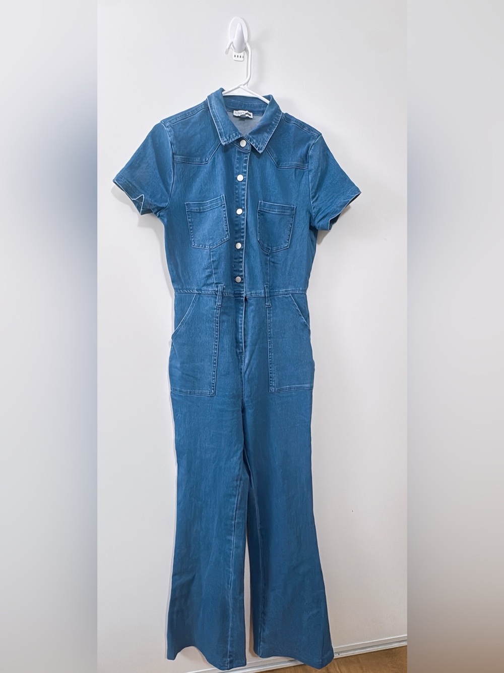 Fashion Nova Blue Short-Sleeve Denim Jumpsuit